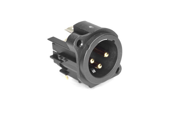 AC3MAH1-AU-PRE 3 Pole XLRMale ChassisMount, AType, Gold Plated Contacts, Horizontal PCBMount, Pin 1 Ground, Black Finish. Comparable part no: NC3MAAH-1