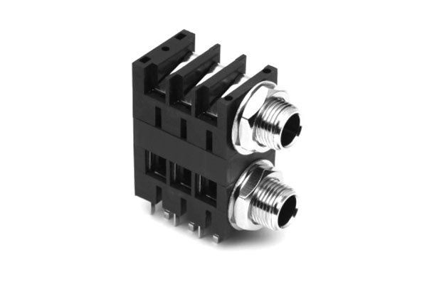 ACJS-MHDM 1/4" Dual Horizontal PCB Phone Jack, Stereo,Metal Bore,Metal Nut, PlasticThread, Snap-fit PCB, Shielded