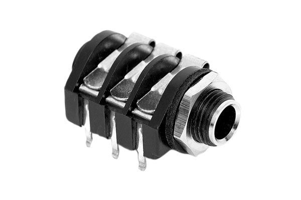 ACJS-MHR 1/4" Single Horizontal PCB Phone Jack, Stereo,Metal Bore,Metal Nut, PlasticThread, Snap-fit PCB
