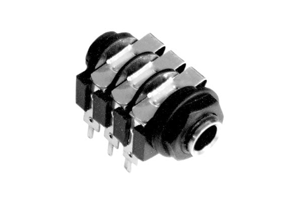 ACJS-PC 1/4" Single Horizontal PCB Phone Jack, Stereo,Metal Bore, Plastic Nut, PlasticThread, Solder Lug