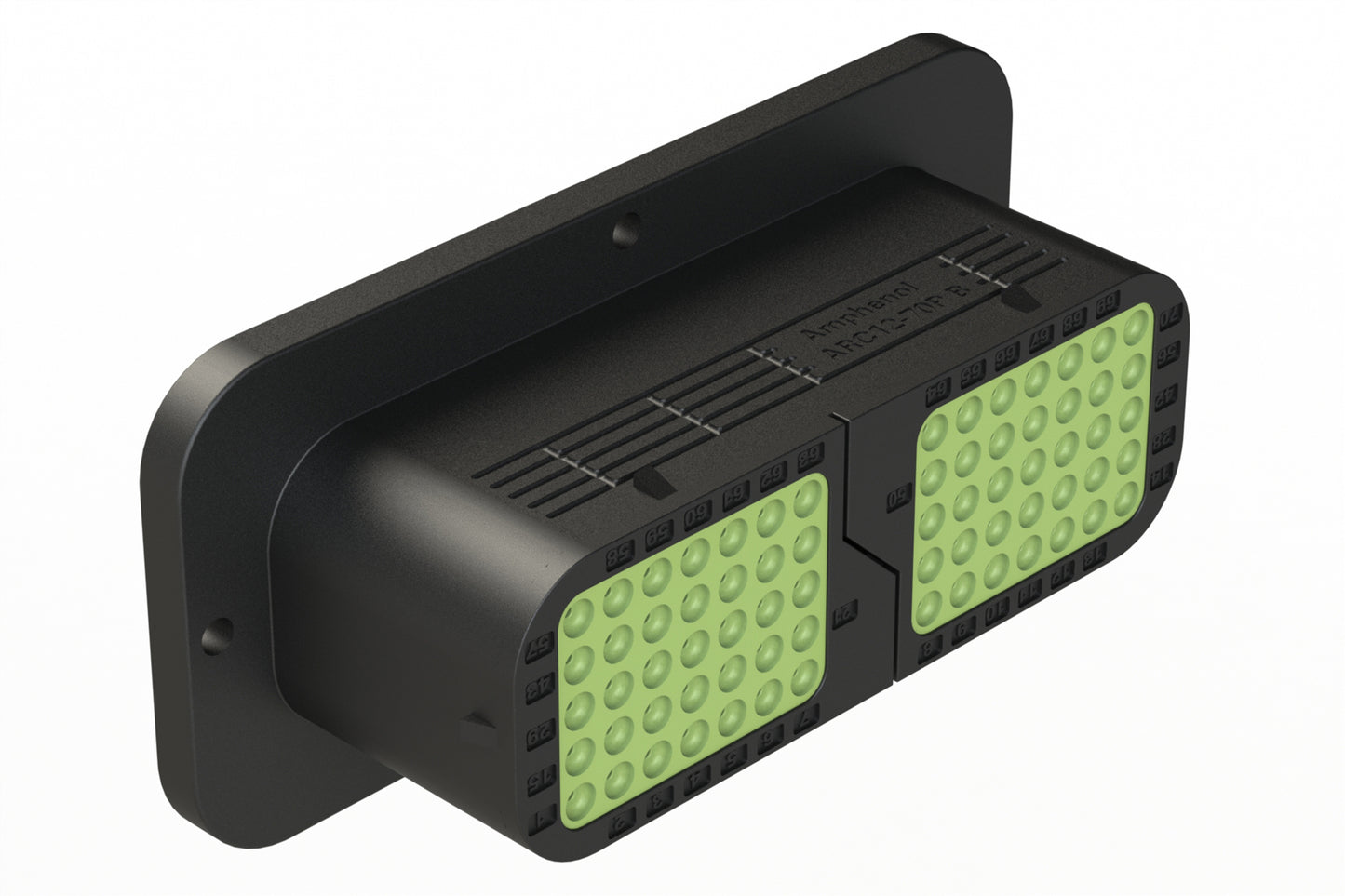 ARC12-70PBR 70 Position Receptacle, Pin, Contact Size Size 16, Threaded Insert for Jackscrew, Keyed B, Flanged, Reduced Diameter Rear Seal (Green), Black Body, Dustcap Included. DRC12-70PBE