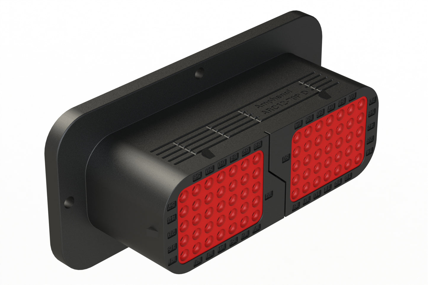 ARC12-70PD 70 Position Receptacle, Pin, Contact Size Size 16, Threaded Insert for Jackscrew, Keyed D, Flanged, Standard Diameter Rear Seal (Red), Black Body, Dustcap Included. DRC12-70PD