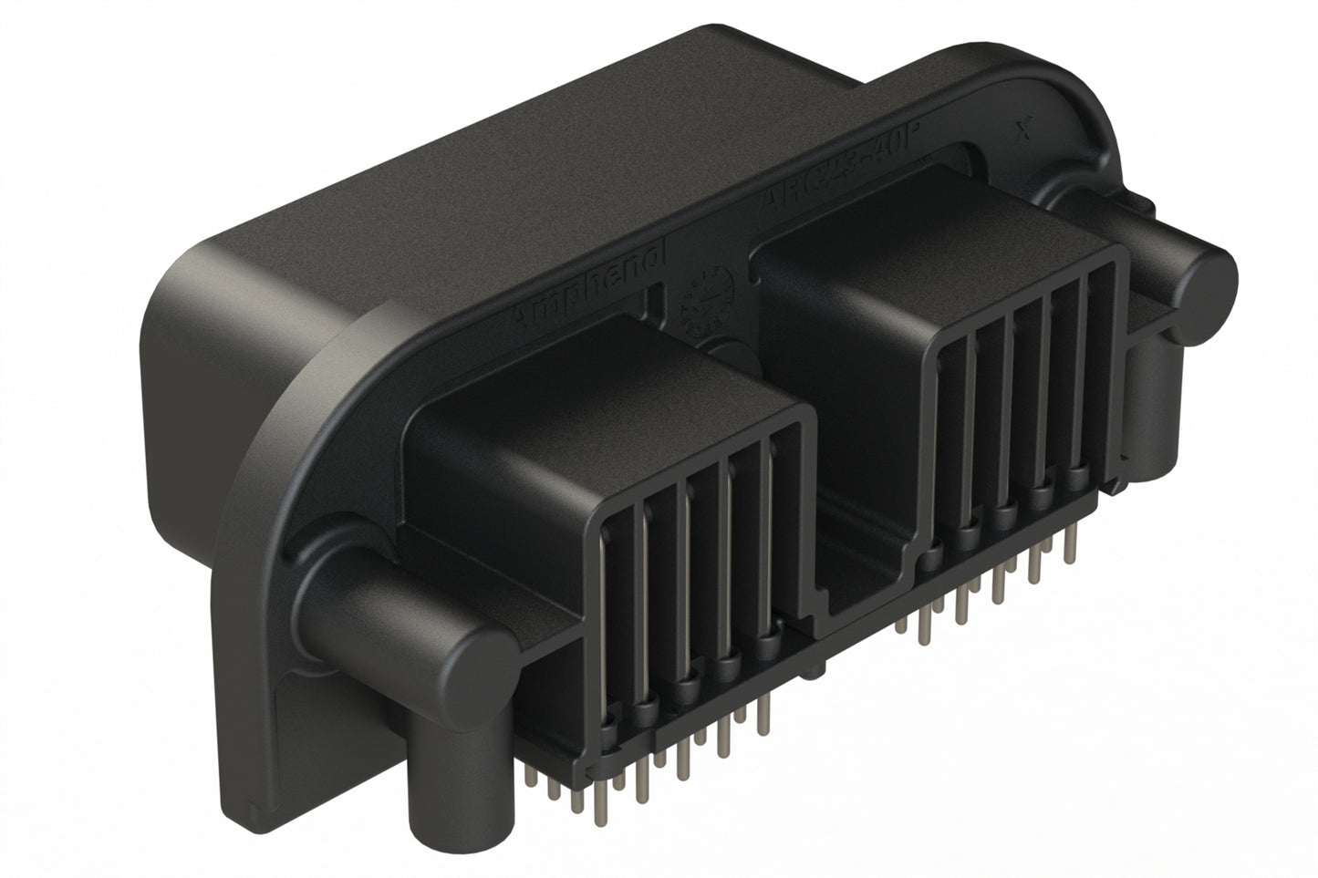 ARC23-40PB-N012SP1 40 Position PCB Receptacle, Pin, Flange Mount, Right Angle, Size 20 Contacts, Selective Plating, Threaded Insert for Jackscrew, Keyed B, Black. DRC23-40PB-N012