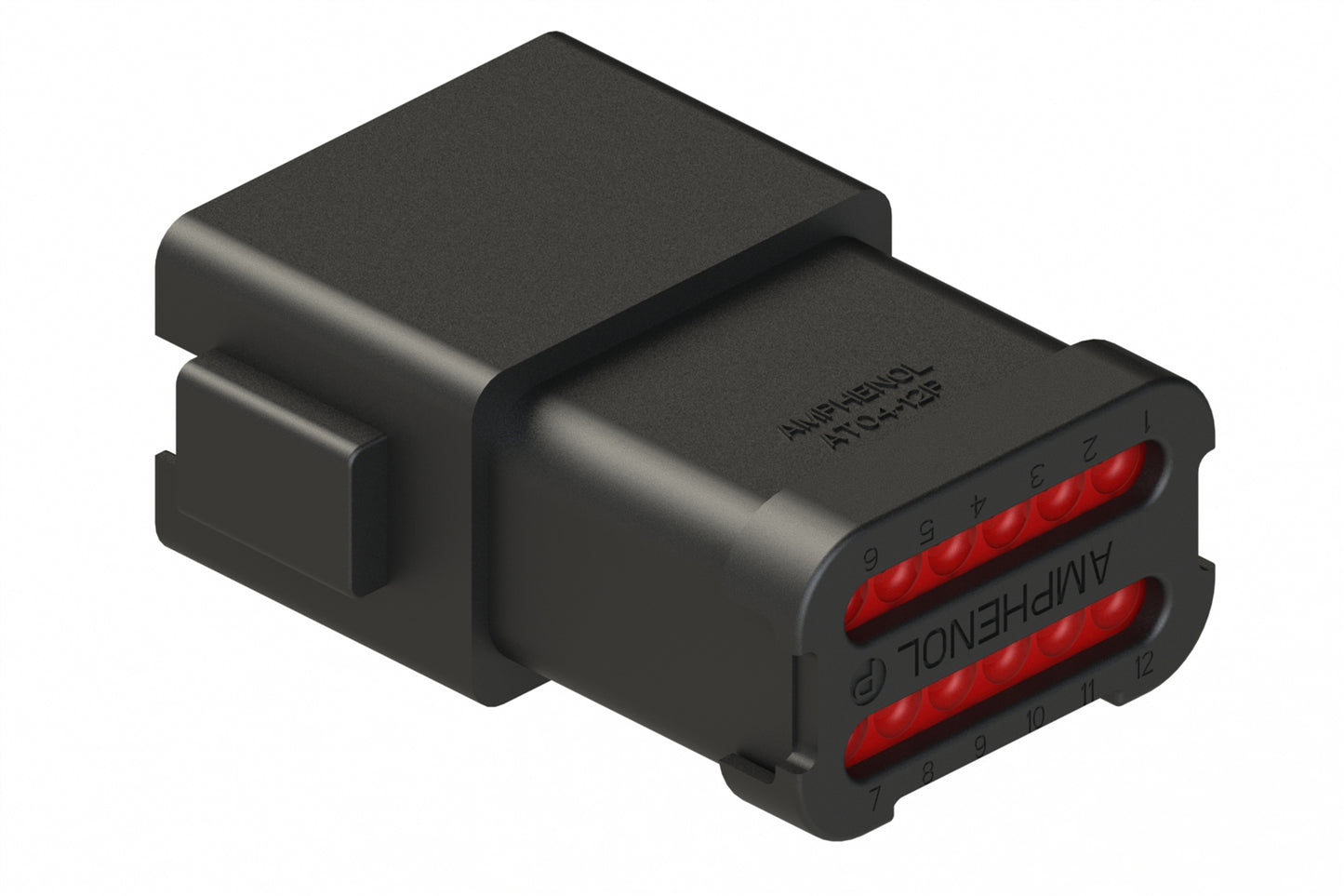 AT04-12PB-EC01 12-Way Receptacle, Male Connector with B Position Key, Extended Shroud and End Cap, Black. DT04-12PB-BE02, DT04-12PB-E003