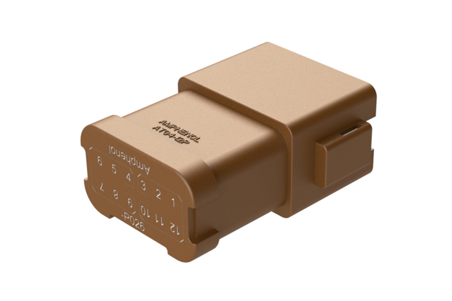 AT04-12PD-P026 12-way receptacle, (2) 6 Pin busbar=39 amps, nickel plating, keyed D, brown. Contacts included. DT04-12PD-P026