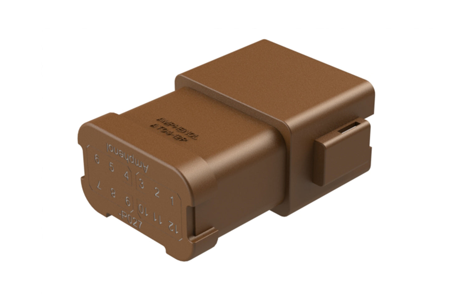AT04-12PD-P027 12-way receptacle, (2) 6 Pin busbar=39 amps, gold plating, keyed D, brown. Contacts included. DT04-12PD-P027
