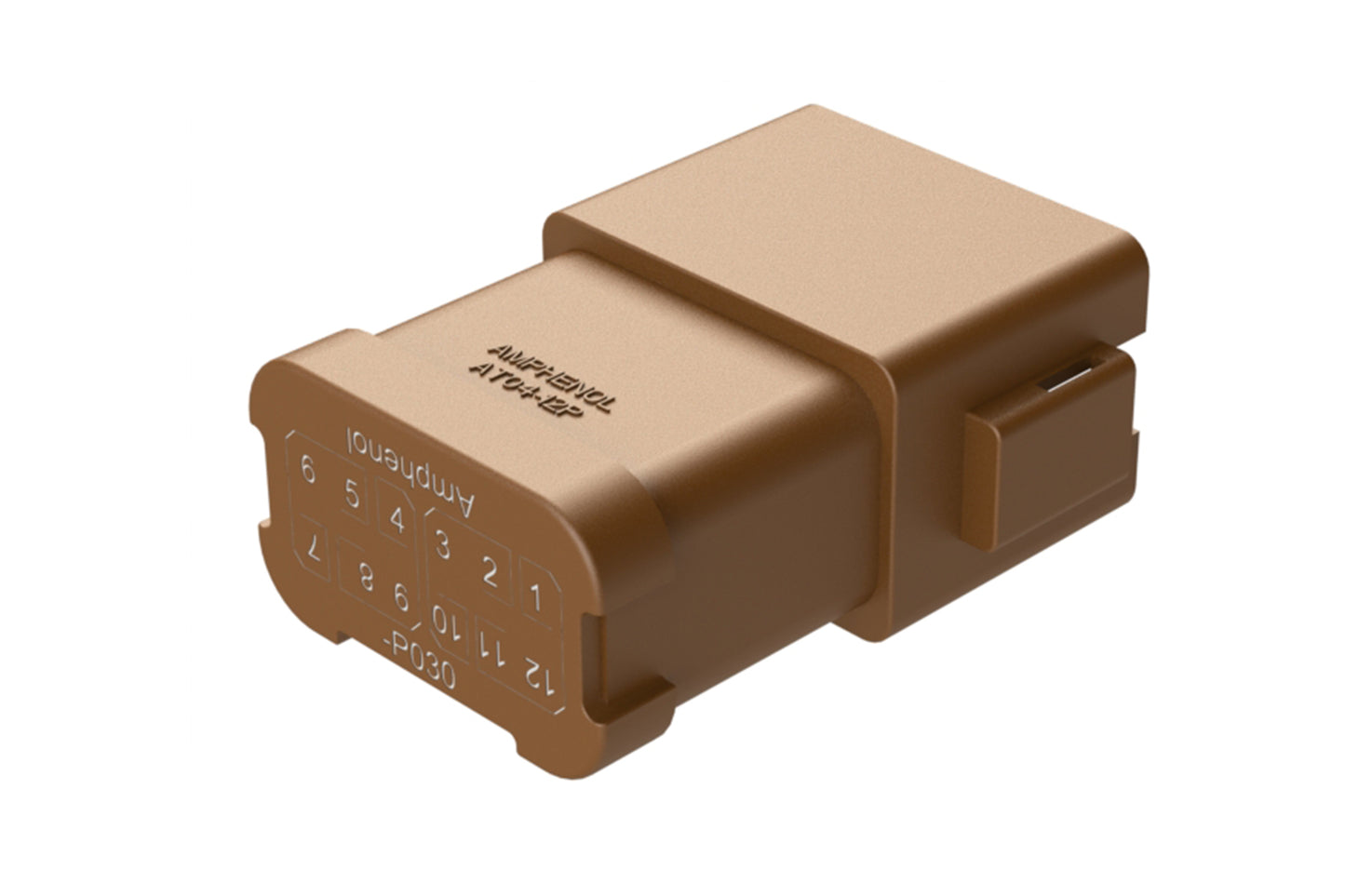 AT04-12PD-P030 12-way receptacle, (4) 3 Pin busbar=13 amps, nickel plating, keyed D, brown. Contacts included. DT04-12PD-P030