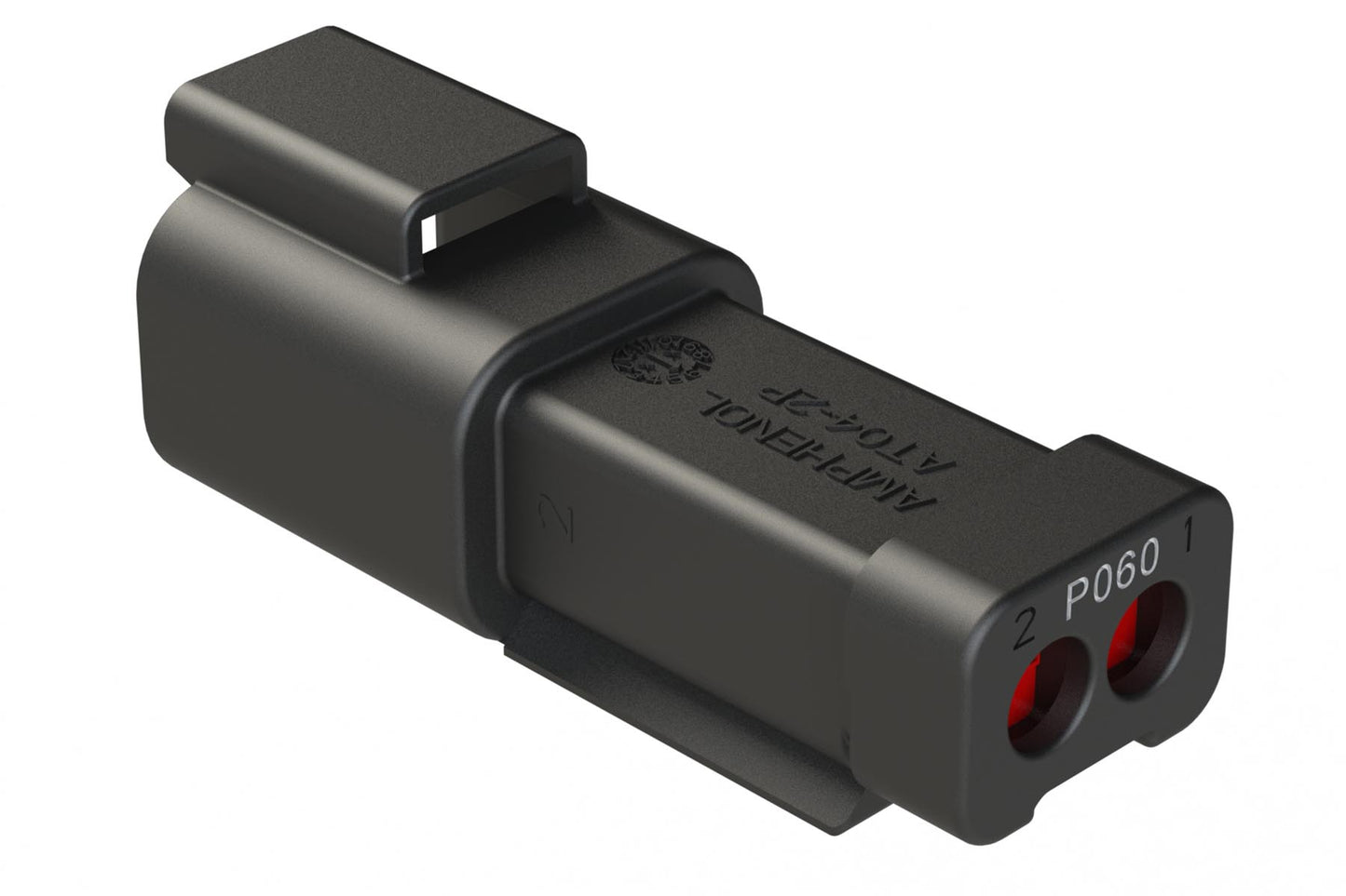 AT04-2P-P060 2-way receptacle, (1) 2 Pin busbar=13 amps, nickel plating, black. Contacts included. DT04-2P-P060