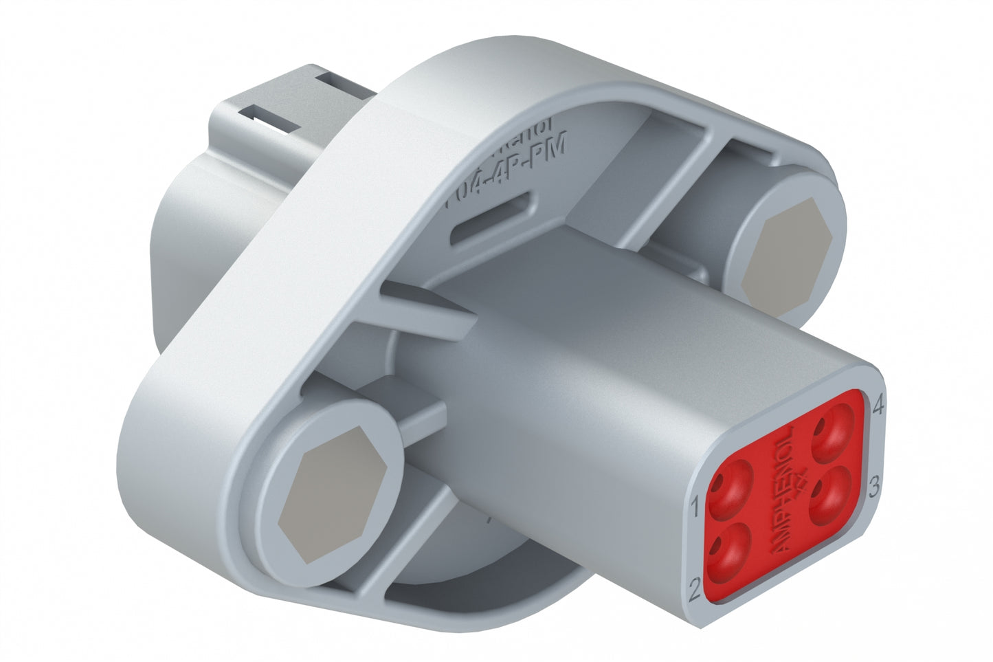 AT04-4P-PM05 4 Position Panel Mount Receptacle with Flange, Pin, Self-Threading, Integrated Latch, Gasket, Grey