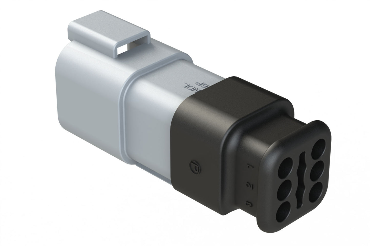 AT04-6P-SR01GRY 6-Way Receptacle Male Connector with Strain Relief Endcap, Standard Seal, Grey. DT04-6P-E008
