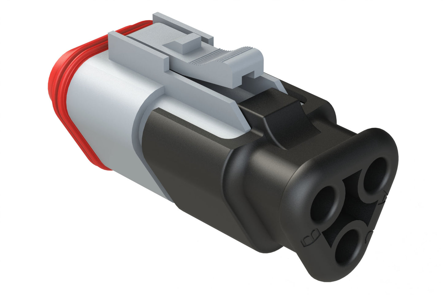 AT06-3S-SR01GRY 3-Way Plug Female Connector with Strain Relief Endcap with Standard Seal, Grey. DT06-3S-E008