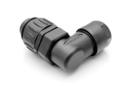 C016 30K006 200 12 6+PE Male, right angled cable connector with strain relief and clamping ring