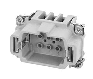 C146 10A006 500 1 6+PE Heavy duty male contact insert for turned crimp contacts. May be engaged or disengaged when live but without electrical load. Comparable Part No. 09330062602