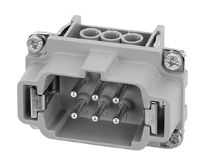 C146 10A006 810 1 6+PE Heavy duty FE/KO male contact insert with wire protection.