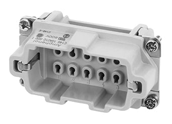 C146 10A010 000 1 10 + PE Heavy duty male contact insert for stamped crimp contacts. May be engaged or disengaged when live but without electrical load.