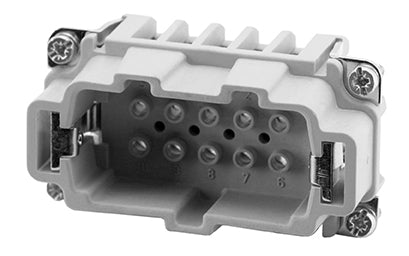 C146 10A010 500 1 10 + PE Heavy duty male contact insert for turned crimp contacts. May be engaged or disengaged when live but without electrical load. Comparable Part No. 09330102602