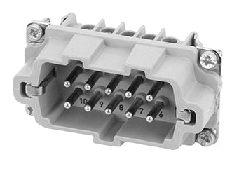 C146 10A010 810 1 10 + PE Heavy duty FE/KO male contact insert with wire protection. Comparable Part No. 09330102691