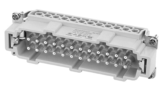 C146 10A024 810 1 24+PE Heavy duty FE/KO male contact insert with wire protection. Comparable Part No. 09330242691