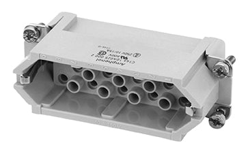 C146 10A025 000 2 25+PE Heavy duty male contact insert for stamped crimp contacts. May be engaged or disengaged when live but without electrical load. Ifmated or unmated under load, the load shall be reduced to 10% of the rated current.
