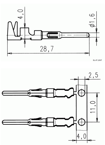 VN 01 016 0005 1 1.6mm silver pin (male) stamped single contacts in plastic bag. 100 pcs.