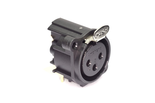 AC3FAH1-AU-PRE 3 Pole XLR Female ChassisMount, AType, Gold Contacts, Black Finish, Horizontal PCB, Latching, Pin 1 Ground. Comparable part no: NC3FAAH1, NC3FAH1