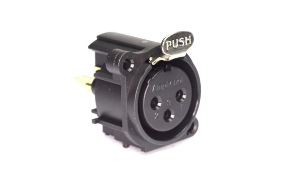 AC3FAV2-AU-PRE 3 Pole XLR Female ChassisMount, AType, Gold Contacts, Black Finish, Vertical PCB, Latching, Separate Ground. Comparable part no: NC3FAV2, NC3FAAV2