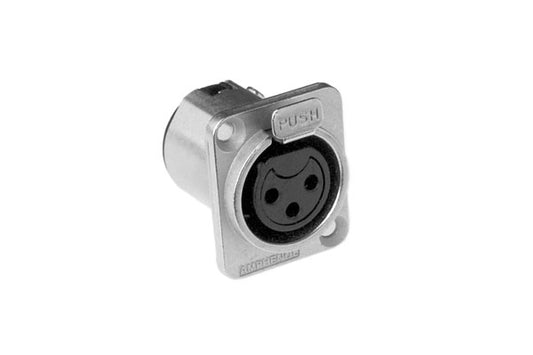 AC3FDZ 3 Pole XLRMetal Female ChassisMount, DType, Stamped Contacts, Solder Bucket, Nickel Finish. Comparable part no: NC3FD-L-1, E3F