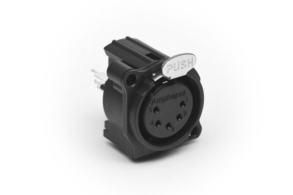 AC5FAV-AU-B 5 Pole XLR Female ChassisMount, AType, Vertical PCBMount, Latching, Black Finish. Comparable part no: NC5FAV