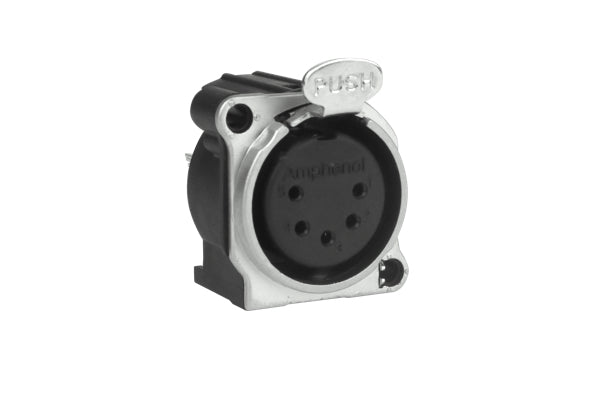 AC5FBV-AU-PRE 5 Pole XLR Female Chassis Receptacle, BType, Nickel Finish, Gold Plated Contacts, Vertical PCB. Comparable part no: NC5FBV