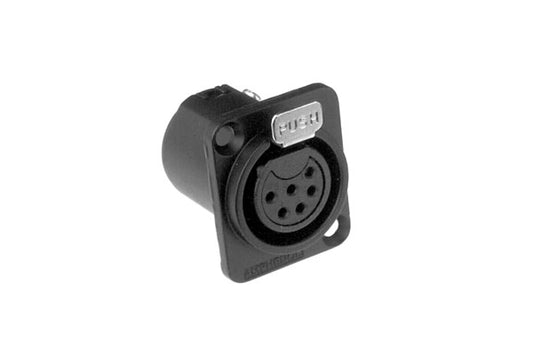 AC6AFDZB 6 Pole XLR Female ChassisMount, DType,Machined Contacts, Solder Bucket, Black Finish. Comparable part no: NC6FD-L-1-BAG