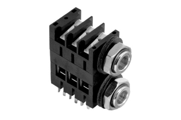 ACJS-MHD 1/4" Dual Horizontal PCB Phone Jack, Stereo,Metal Bore,Metal Nut, PlasticThread/Snap-fit PCB