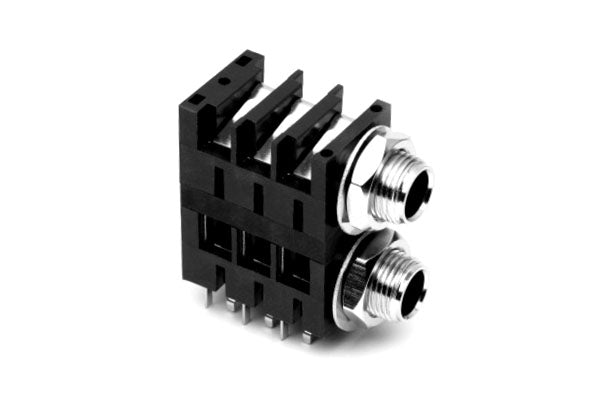 ACJS-MHDCM 1/4" Dual Horizontal PCB Phone Jack, Stereo,Metal Bore,Metal Nut,MetalThread, Snap-fit PCB