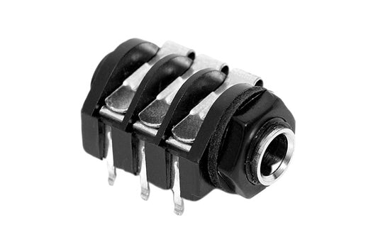 ACJS-PHR 1/4" Single Horizontal PCB Phone Jack, Stereo,Metal Bore, Plastic Nut, PlasticThread, Snap-fit PCB