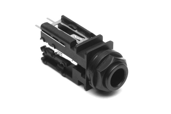 ACJS-PVB-5 1/4" Single Vertical PCB Phone Jack, Stereo (5 Channels), Plastic Bore, Plastic Nut, PlasticThread. Comparable part no: NJ5FD-V/CS
