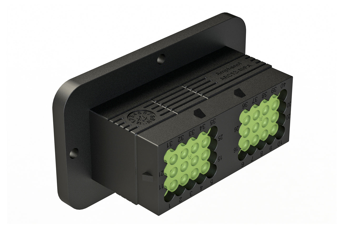 ARC12-40PAR 40 Position Receptacle, Pin Contact, Size 16, Threaded Insert for Jackscrew, Keyed A, Flanged, Reduced Diameter Rear Seal, Dustcap included. DRC12-40PAE