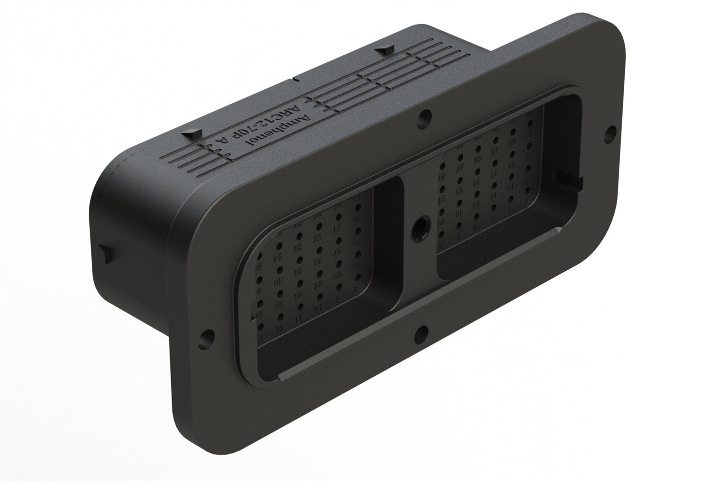 ARC12-70PA 70 Position Receptacle, Pin, Contact Size 16, Threaded Insert for Jackscrew, Keyed A, Flanged, Standard Diameter Rear Seal (Red), Black Body, Dustcap Included. DRC12-70PA