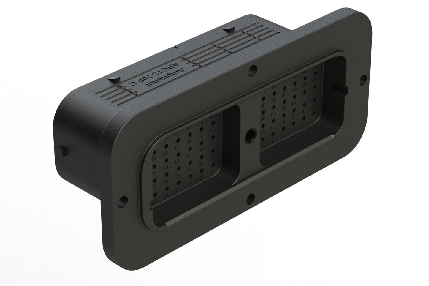ARC12-70PCR 70 Position Receptacle, Pin, Contact Size Size 16, Threaded Insert for Jackscrew, Keyed C, Flanged, Reduced Diameter Rear Seal (Green), Black Body, Dustcap Included. DRC12-70PCE