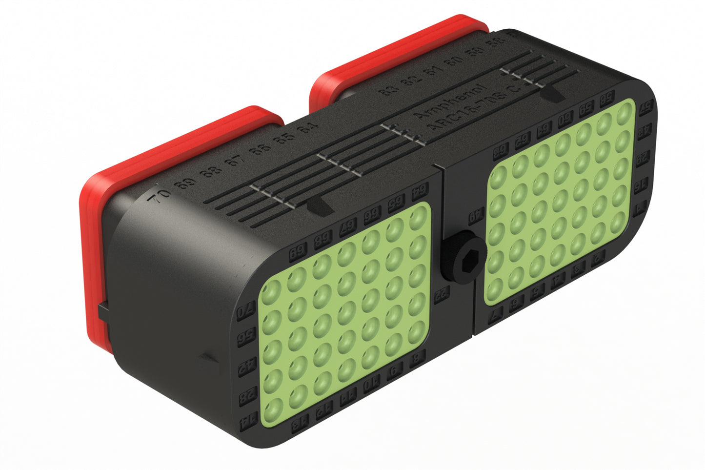 ARC16-70SCR-P013 70 Position Plug, Socket, Contact Size Size 16, Jackscrew, Bonded Front Seal, Keyed C, Reduced Diameter Rear Seal (Green), Black Body, Dustcap Included. DRC16-70SCE-P013