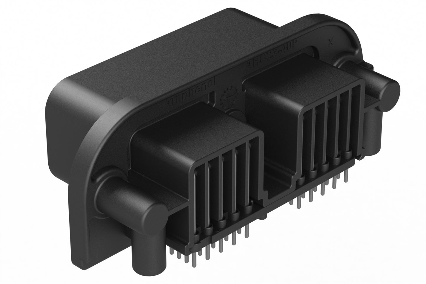 ARC23-40PD-N012SP1 40 Position PCB Receptacle, Pin, Flange Mount, Right Angle, Size 20 Contacts, Selective Plating, Threaded Insert for Jackscrew, Keyed D, Black. DRC23-40PD-N012