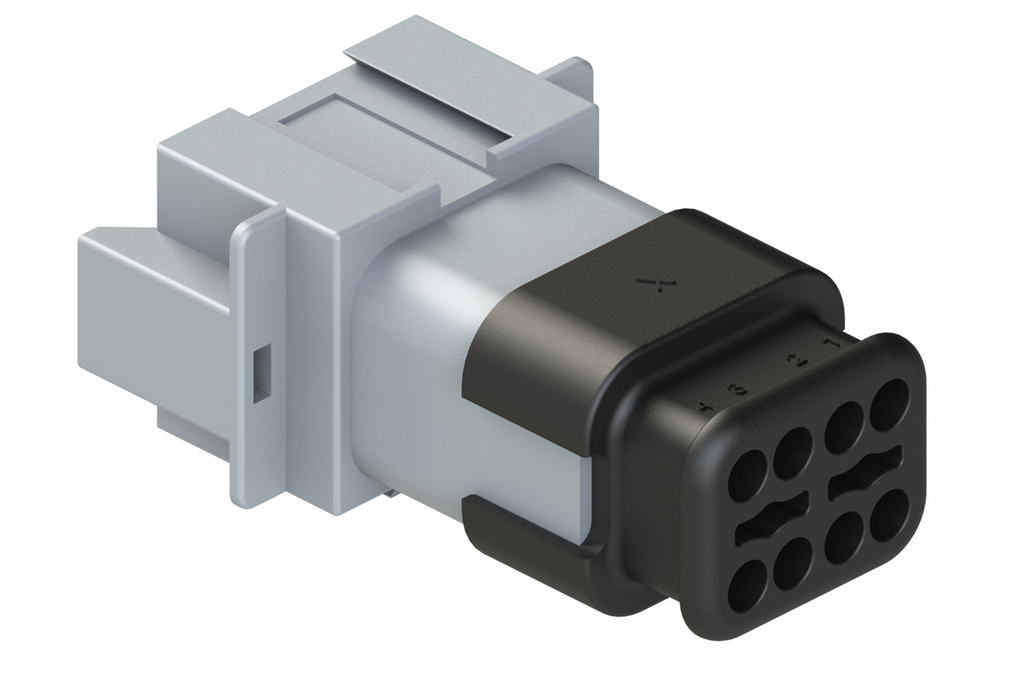 AT04-08PA-SRGRY 8-Way Receptacle Male Connector with Strain Relief Endcap, Standard Seal, Position A. DT04-08PA-E008