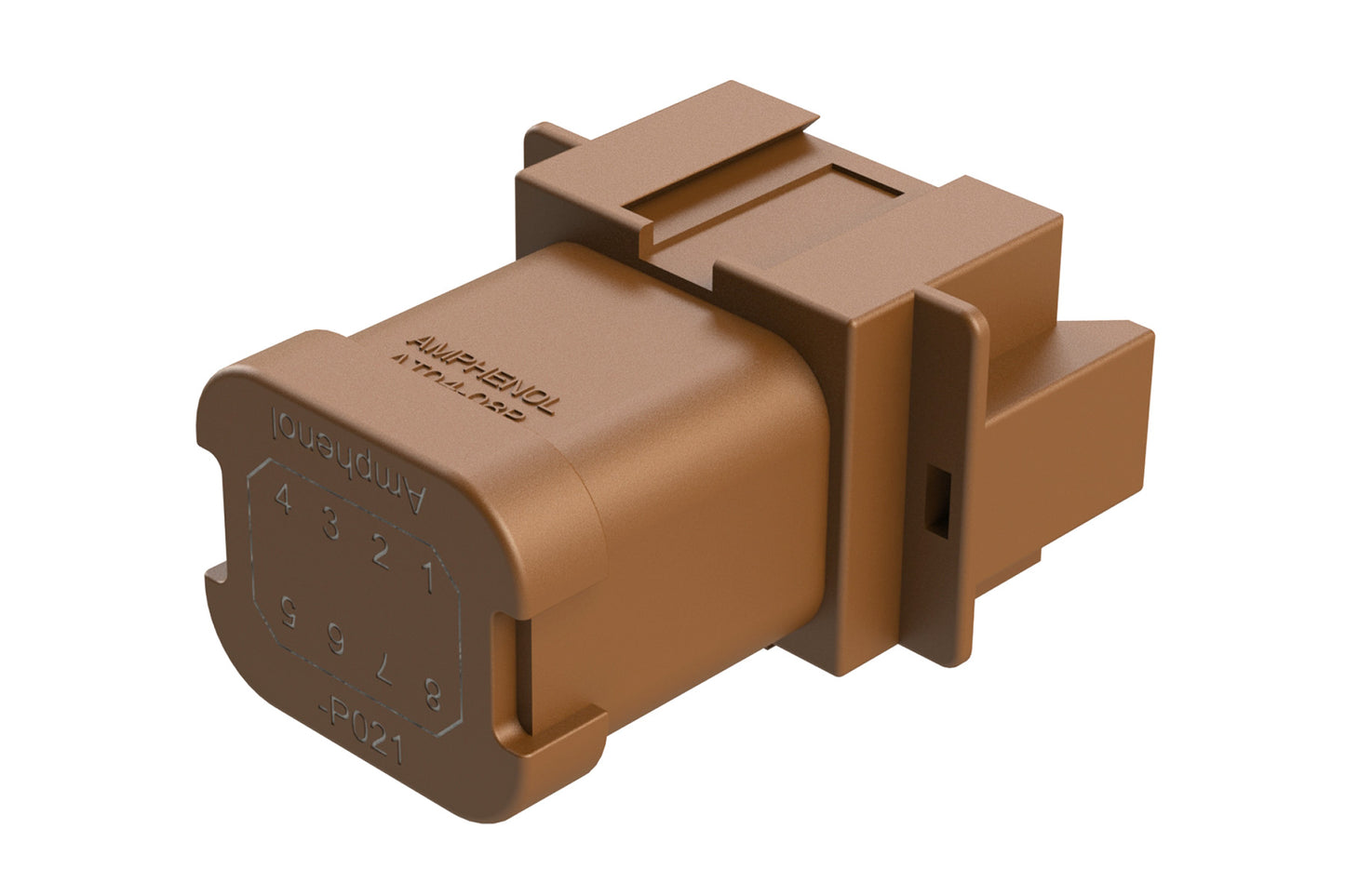 AT04-08PD-P021 8-way receptacle, (1) 8 Pin busbar=52 amps, nickel plating, keyed D, brown. Contacts included. DT04-08PD-P021