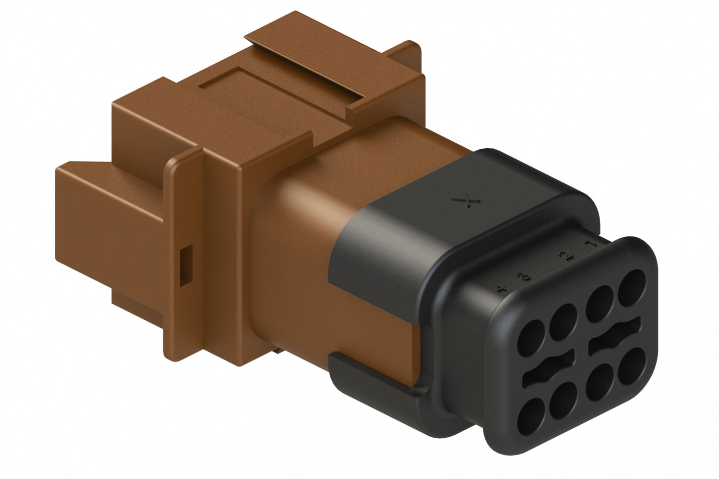 AT04-08PD-SRBR 8 position Pin receptacle key position D, with strain relief endcap, brown. DT04-08PD-E008
