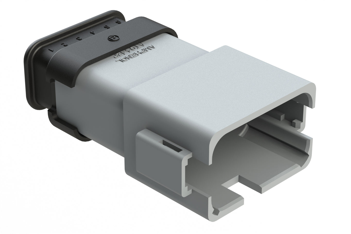 AT04-12PA-SR2GY 12-Way Receptacle Male Connector with Strain Relief, Reduced Diameter Wire Seal, A Position Key, Grey. DT04-12PA-CE04