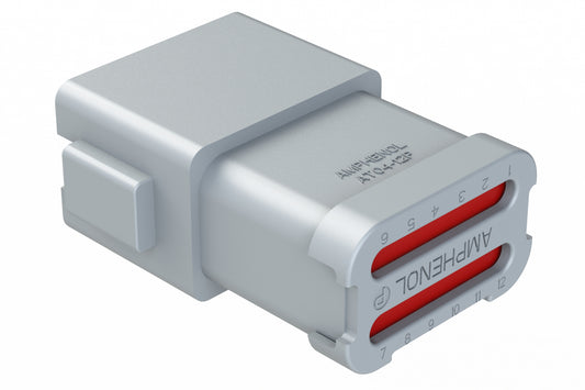 AT04-12PA-SS01 12-Way Receptacle, Male Connector with A Position Key and Extended Shroud and Solid Rear Grommet and Endcap, Grey. DT04-12PA-C017