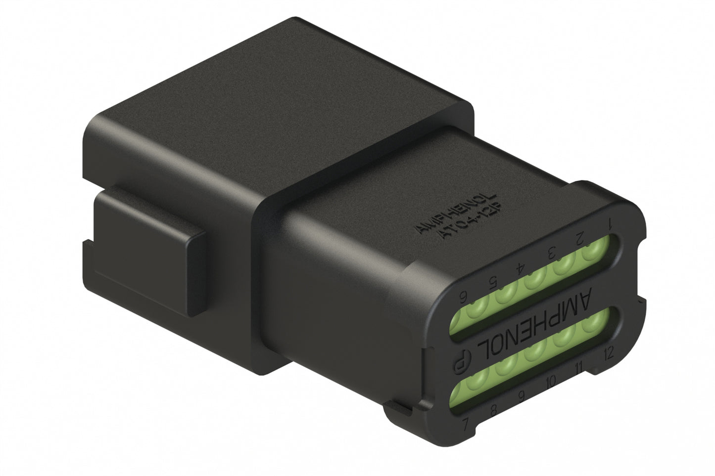 AT04-12PB-MM01 12-Way Receptacle, Male Connector with B Position Key, Extended Shroud, Reduced Diameter Seal (E-Seal) with End Cap, Black. DT04-12PB-CE01, DT04-12PB-CE07