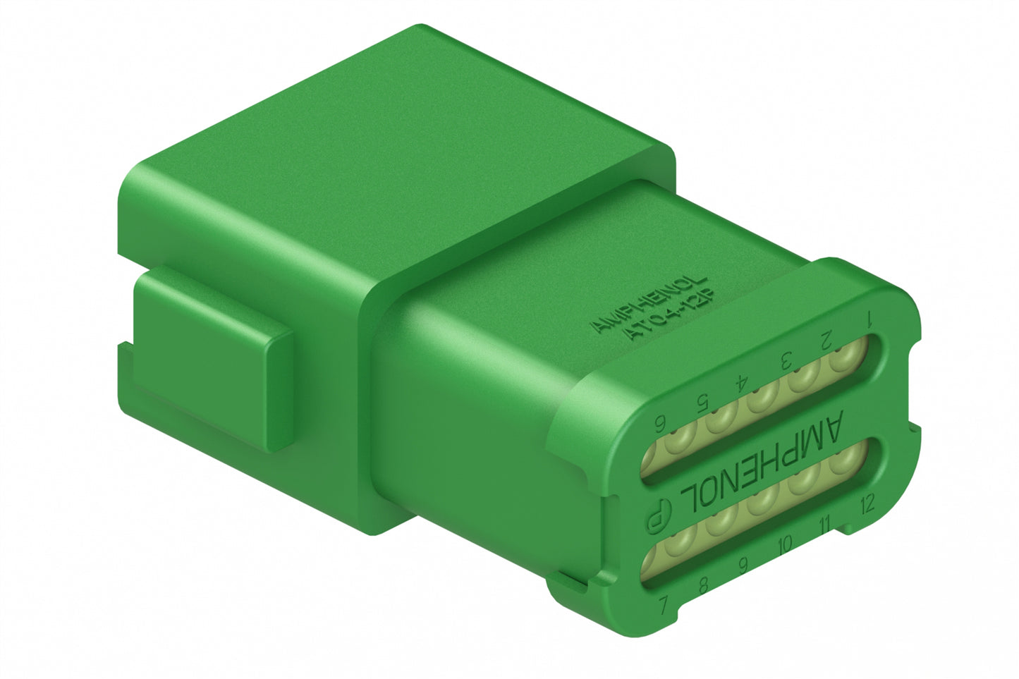 AT04-12PC-MM01 12-Way Receptacle, Male Connector with C Position Key and Extended Shroud, Reduced Diameter Seal (E-Seal) and End Cap, Green. DT04-12PC-CE01, DT04-12PC-CE07