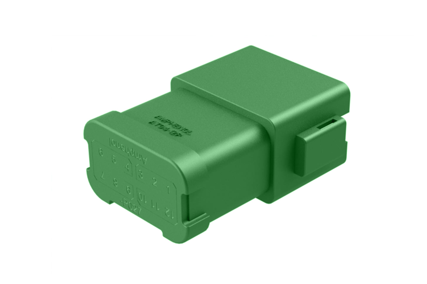 AT04-12PC-P027 12-way receptacle, (2) 6 Pin busbar=39 amps, gold plating, keyed C, green. Contacts included. DT04-12PC-P027