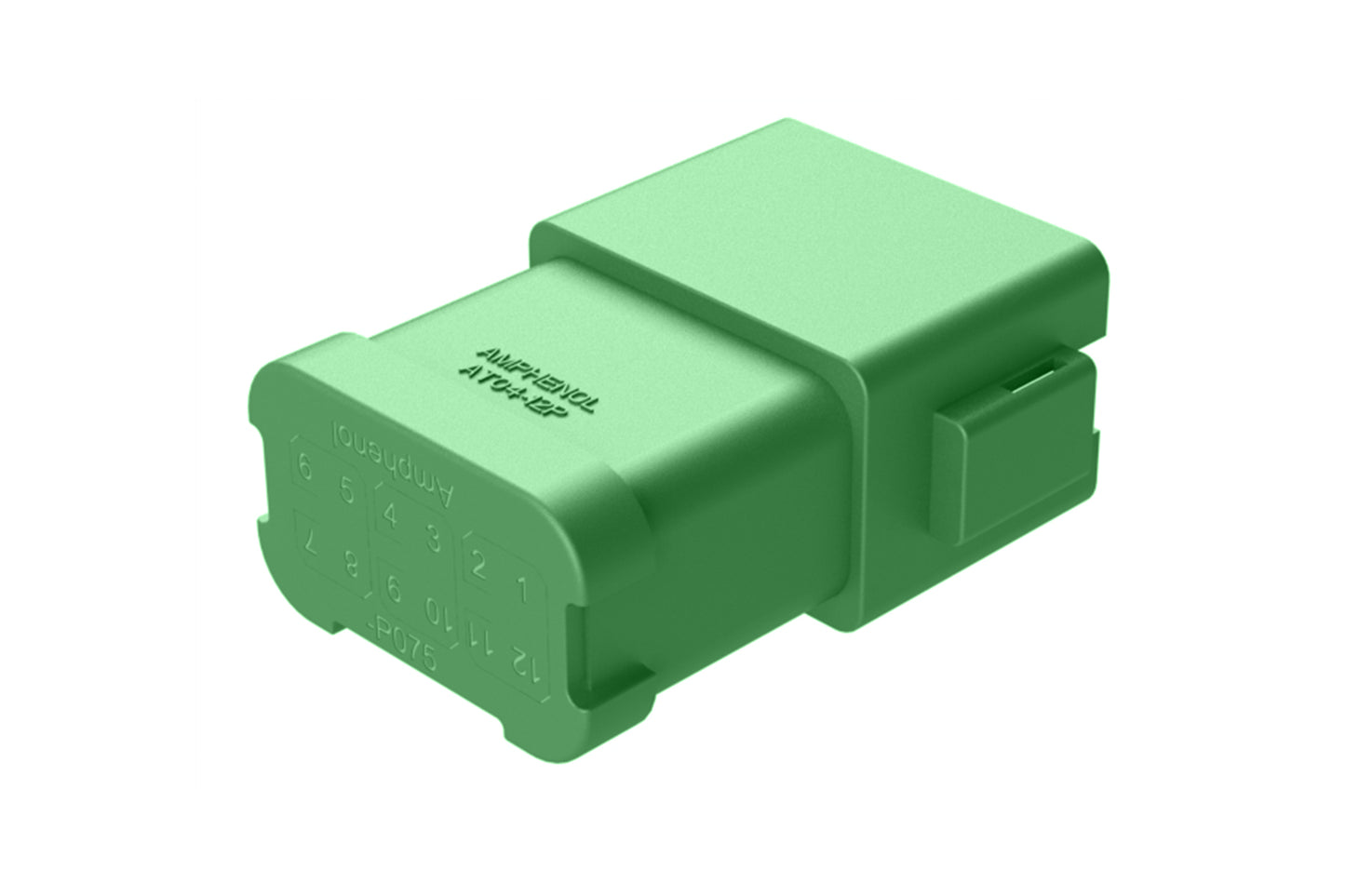 AT04-12PC-P075 12-way receptacle, (3) 4 Pin busbar=26 amps, nickel plating, keyed C, green. Contacts included. DT04-12PC-P075