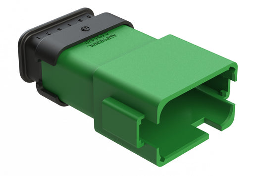 AT04-12PC-SRGN 12 position Pin receptacle key position C, with strain relief, green. DT04-12PC-E008