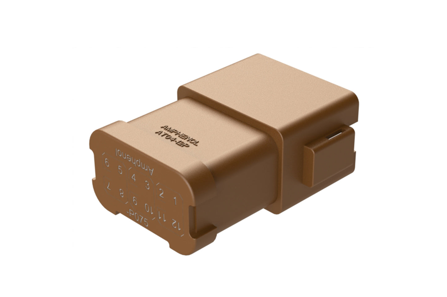 AT04-12PD-P075 12-way receptacle, (3) 4 Pin busbar=26 amps, nickel plating, keyed D, brown. Contacts included. DT04-12PD-P075